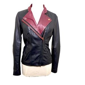 TED BAKER BURGUNDY AND BLACK LEATHER MOTORCYCLE JACKET 8